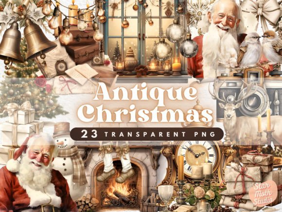 Antique Christmas Watercolor Clipart Illustrations