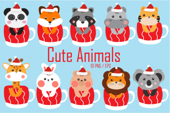 Christmas Animals in Tea Cups Illustrations