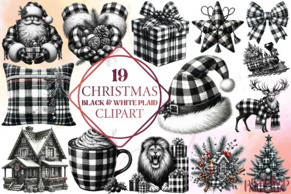Christmas Black White Plaid Clipart: Illustrations for Crafters