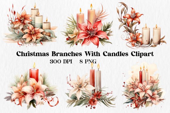 Christmas Branches with Candles Png: Illustrations