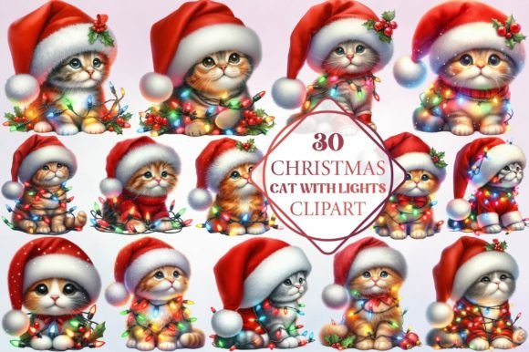 Christmas Cat with Lights Clipart: Festive Illustrations