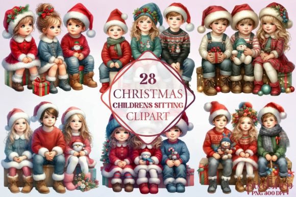 Christmas Childrens Sitting Clipart for Illustrations