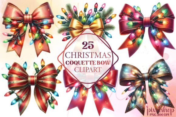 Christmas Coquette Bow Clipart: Illustrations for Branding