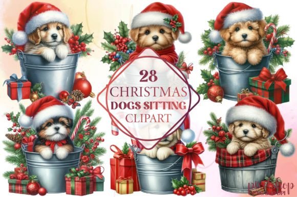 Christmas Dogs Sitting Clipart: Illustrations for Branding