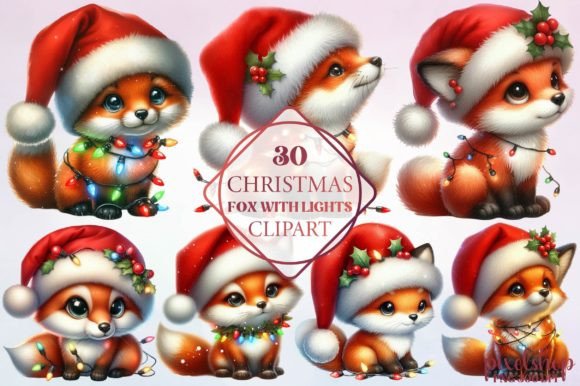Christmas Fox with Lights Clipart: Festive Illustrations