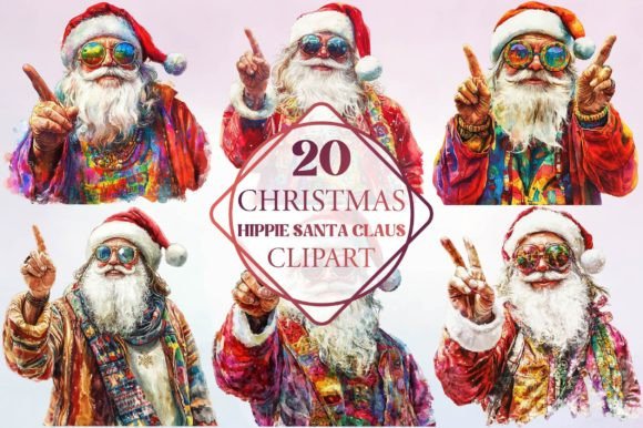 Christmas Hippie Santa Claus Clipart: Illustrations
