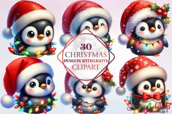 Christmas Penguin with Lights Clipart: Festive Illustrations