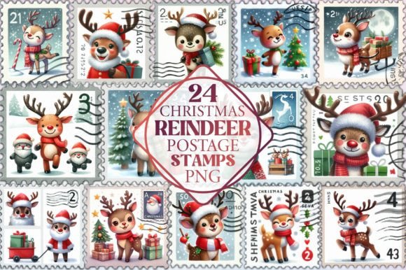Christmas Reindeer Postage Stamps: Festive Illustrations for Crafters