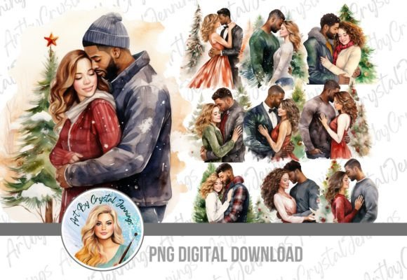 Christmas Tree Interracial Couple PNG: Illustrations