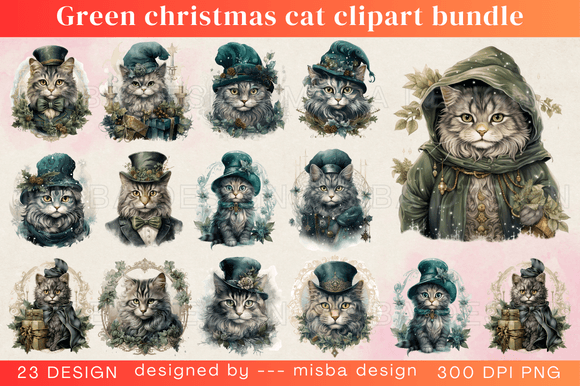 Green Christmas Cat Illustrations for Festive Branding