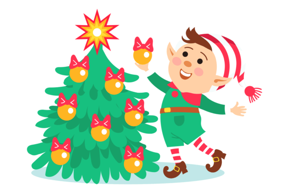 Kid Decorating Christmas Tree in Elf Cos Illustrations