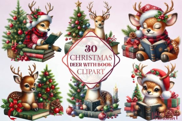 Reviewing Christmas Deer with Book Clipart