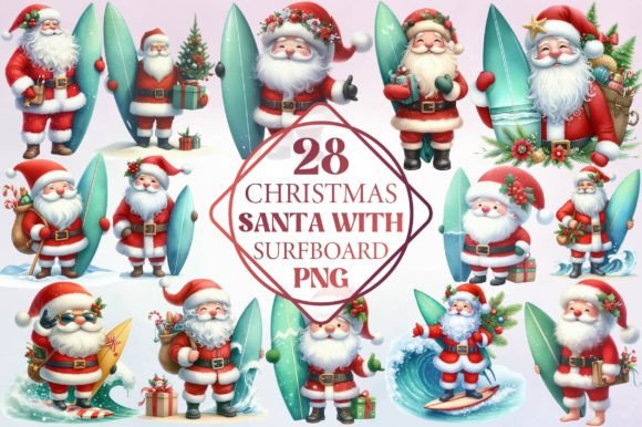 Surfing Santa Illustrations for Holiday Crafts