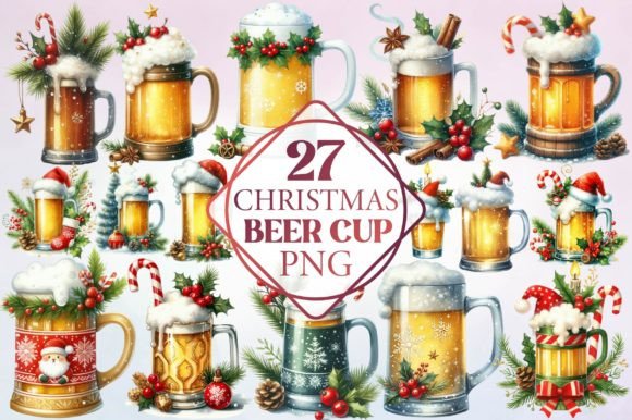 Watercolor Christmas Beer Cup Clipart & Illustrations