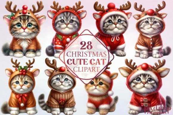 Watercolor Christmas Cute Cat Clipart & Illustrations