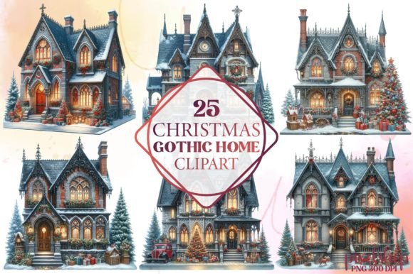 Watercolor Christmas Gothic Home Clipart: Illustrations