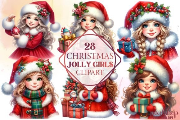 Watercolor Christmas Jolly Girls Clipart & Illustrations