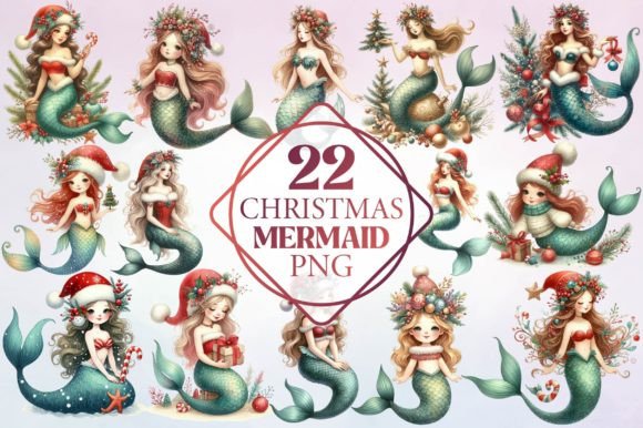 Watercolor Christmas Mermaid Clipart for Illustrations