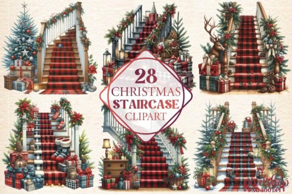 Watercolor Christmas Staircase Clipart for Illustrations