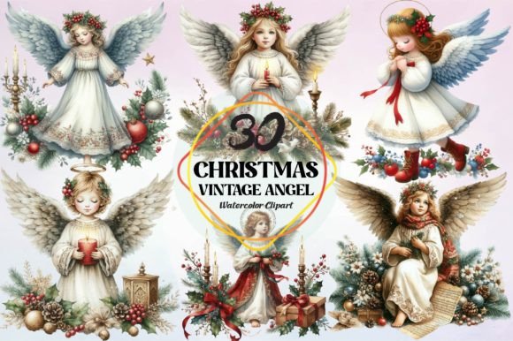 Watercolor Christmas Vintage Angel Clipa: Illustrations