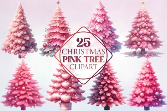 Watercolor Pink Tree Clipart: Festive Illustrations